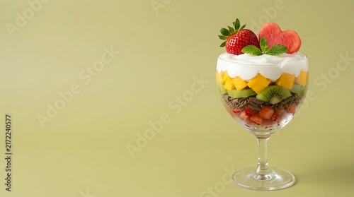 Fresh fruit salad parfait with whipped cream in a glass cup on a light green background