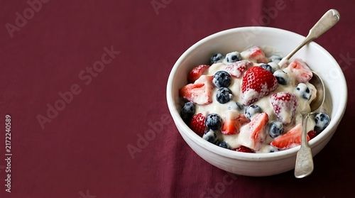 A white bowl filled with creamy yogurt mixed with fresh strawberries and blueberries