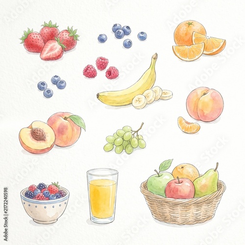 Watercolor Fresh Fruit Breakfast Collection with Berries and Orange Juice