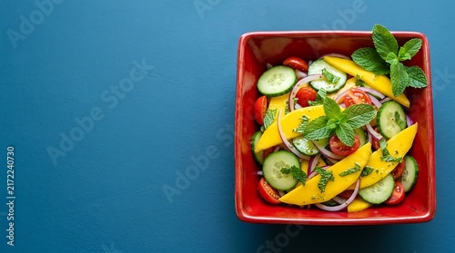 Fresh mango and cucumber salad with red onion and herbs served in a square red bowl