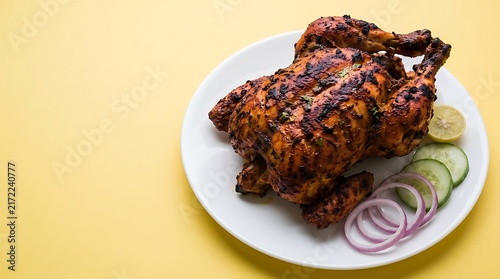 A whole roasted chicken served on a white plate with sliced cucumbers and red onions
