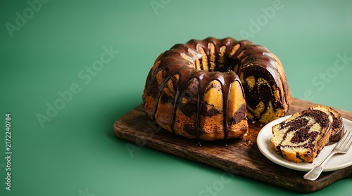 Delicious homemade chocolate bundt cake with a slice served on a small plate against a green background