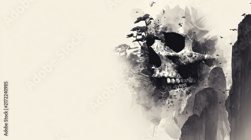 Artistic skull illustration with landscape elements and copy space