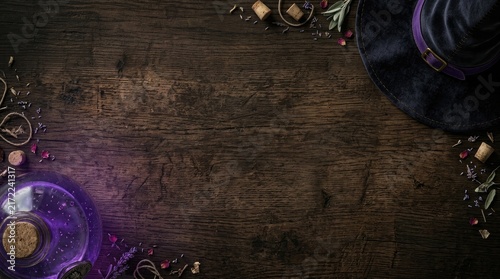 A festive halloween 3d witch hat and potion background featuring magical elements on a dark rustic wooden table surface