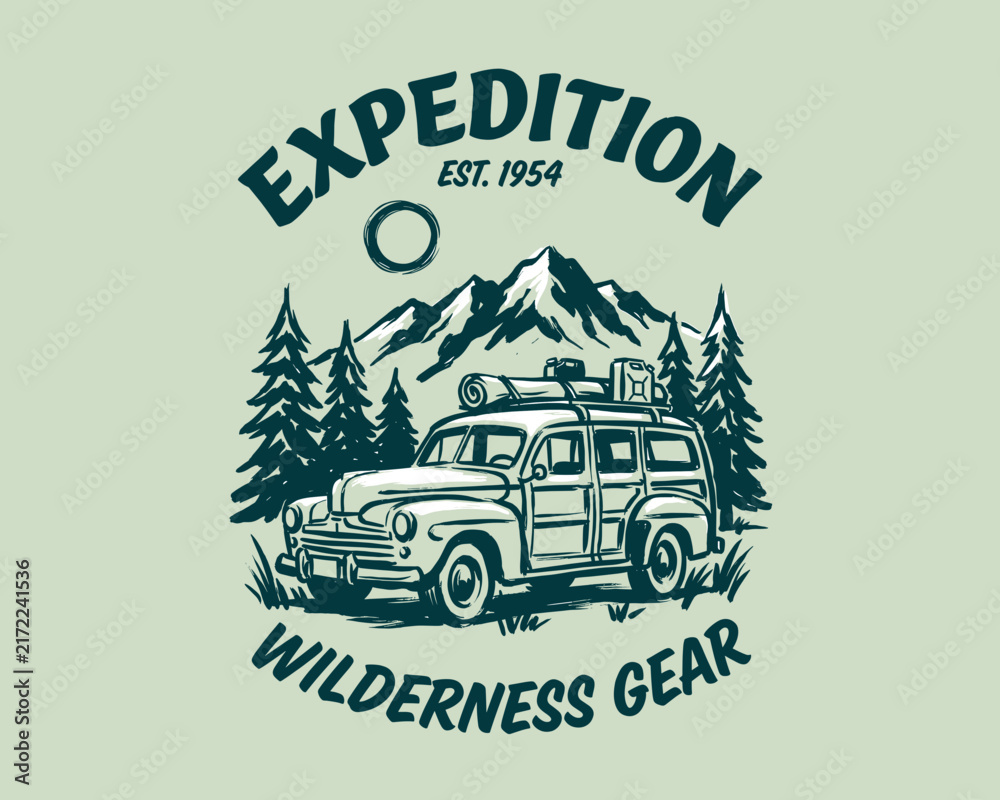 Obraz premium Vintage expedition wilderness gear emblem. Retro classic off-road car in mountain forest. Adventure travel vector graphic design.