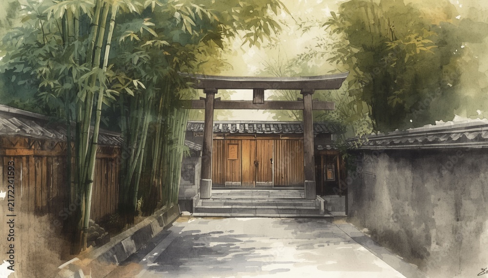 Naklejka premium Watercolor Painting Of Torii Gate In Bamboo Forest
