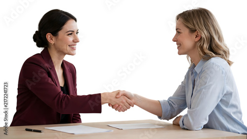 Two businesswomen shaking hands for agreement isolated on transparent PNG background