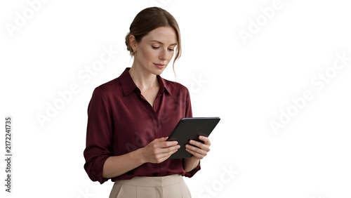 Focused professional woman using digital tablet device isolated on transparent PNG background