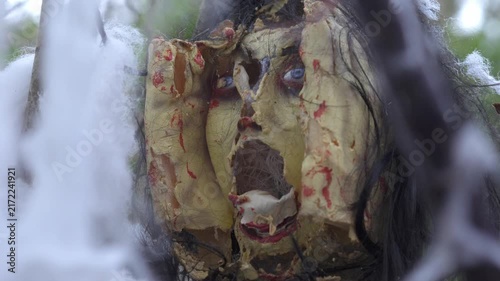 Close-up of a scary Halloween prop with a cracked ghoul mask, fake blood, tangled hair, and cobwebs. Spooky outdoor decoration creating a dark horror atmosphere in autumn.