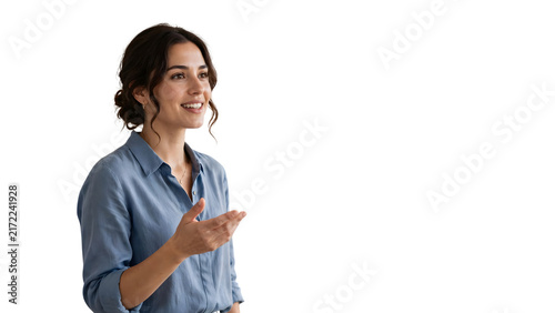 Expressive young woman talking and explaining isolated on transparent PNG background