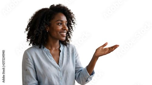 Happy black woman gesturing and explaining isolated on transparent PNG background