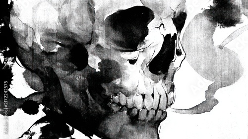 Artistic skull illustration in black and white with watercolor effect