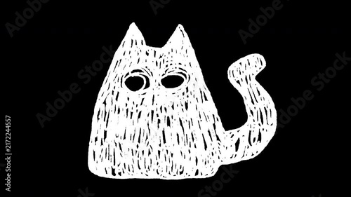Seamless looped 2D hand-drawn video overlay white doodle cat silhouette with hatching texture and line boil effect on transparent alpha channel for pet-themed videos, stream graphics, motion elements.