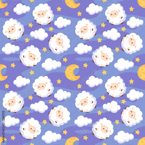Cute sheep cloud moon and star seamless pattern on purple background