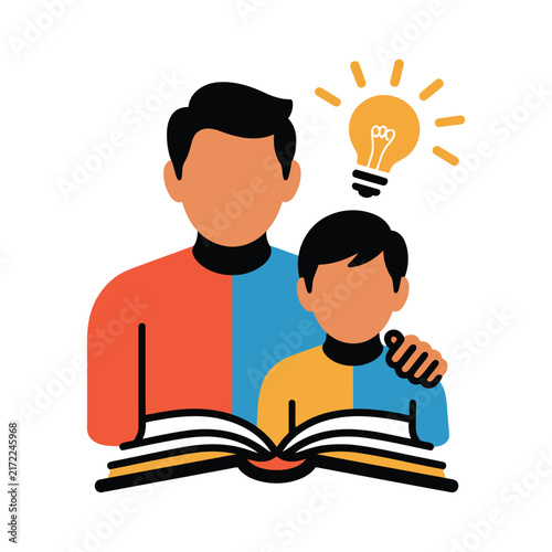 Father and son reading book together with glowing lightbulb idea symbol flat vector illustration perfect for educational content learning and creative thinking.