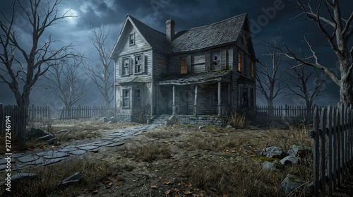 A spooky halloween 3d haunted house stands abandoned under a glowing full moon in this dark and eerie night scene