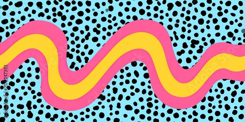 Bright wavy stripes in pink and yellow on a blue dotted background