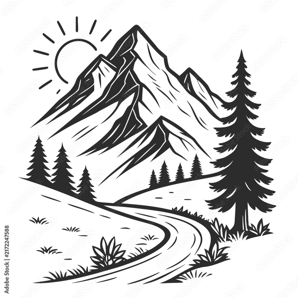 Obraz premium Scenic mountain range landscape with pine trees road and sun vector design winding road monochrome