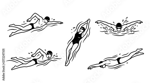 Black and white illustrations of five swimmers in action.
