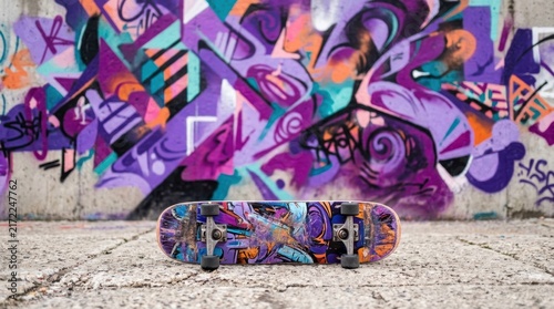 Vibrant Skateboard Against Graffiti Wall: A colorful skateboard rests on a concrete surface, set against a backdrop of dynamic, abstract graffiti art in shades of purple and orange.