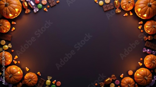 A spooky and delightful halloween scene 3d render of jack o' lanterns vibrant candy and a festive border background for seasonal celebrations