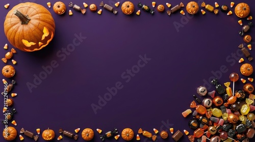 A spooky and delightful halloween scene 3d candy glowing jack o' lanterns and a dark purple border background for festive celebrations
