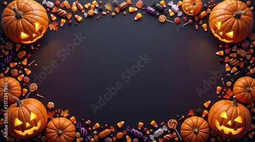 A spooky and delightful halloween scene 3d rendered candy glowing jack o' lanterns and a dark border background for festive celebrations