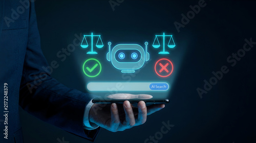 Businessman holding tablet with AI chatbot and justice scales icons