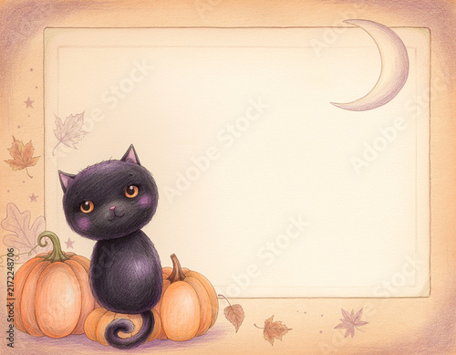 黒猫とかぼちゃと三日月のかわいいハロウィン背景フレーム