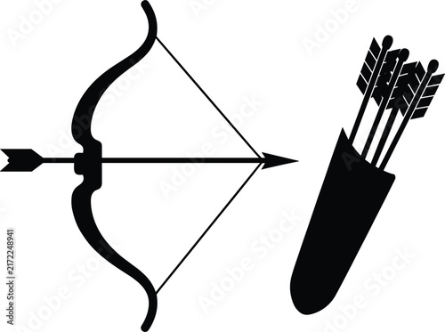 Bow and arrow with quiver vector icon, black solid archery weapon silhouette target shooting graphic illustration