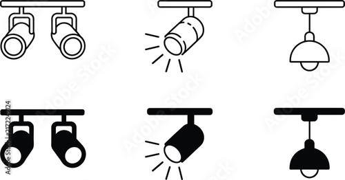 Ceiling spotlight and hanging lamp vector icon set, black linear studio light illustration collection