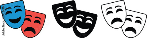 Theater comedy and tragedy masks vector set, colorful black and linear drama icon collection design