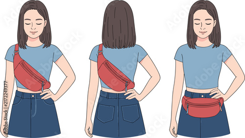 Vector cartoon instruction showing three ways to wear a red fanny pack on a woman