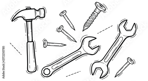Photography Hand Tools Including Hammer Wrenches Nails And Screws Black And White Silhouette