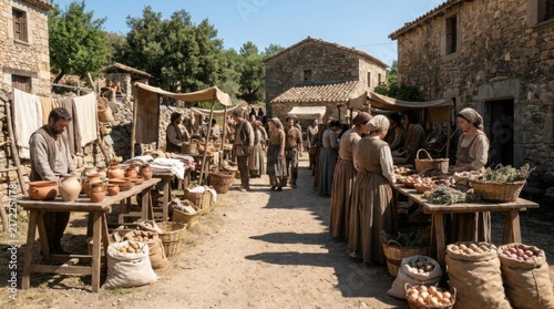Historic Medieval Village Marketplace with Stalls and Costumed Townsfolk