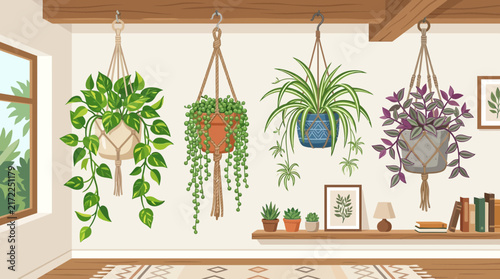 Hanging potted houseplants on wall and window decoration vector
