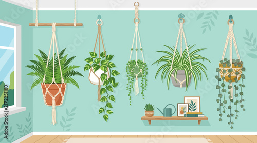 Hanging potted houseplants on wall and window decoration vector