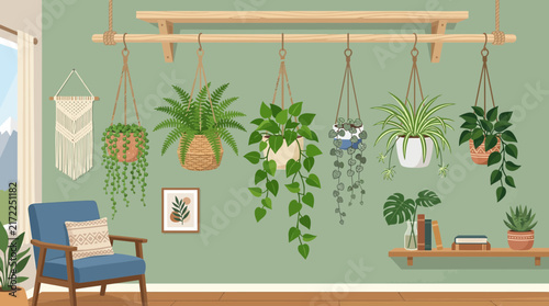 Hanging potted houseplants on wall and window decoration vector