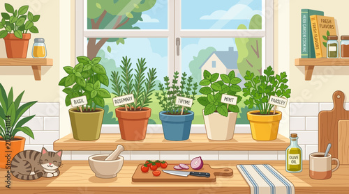 Potted fresh herbs on sunny kitchen windowsill illustration