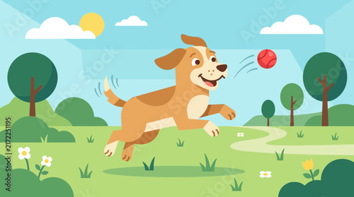 Happy cute dog running playing ball outdoors vector illustration