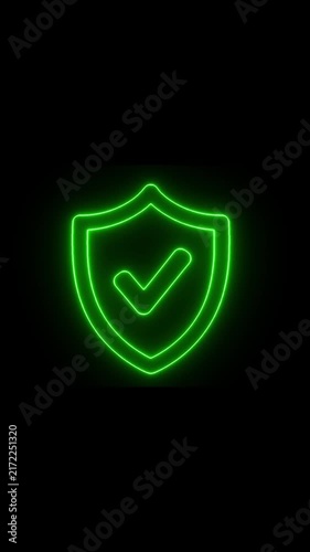 Green Neon Security Shield with Check Mark Glowing on Black Background
