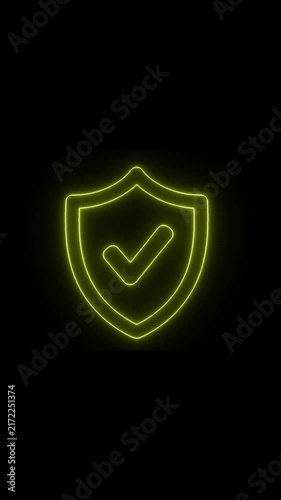Yellow Neon Security Shield with Check Mark Glowing on Black Background, 9:16