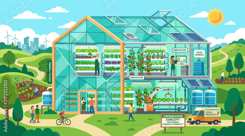 Sustainable greenhouse and smart urban farming vector concept