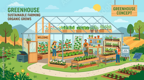 Sustainable greenhouse and smart urban farming vector concept