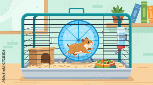 Cute hamster running on exercise wheel in cage vector