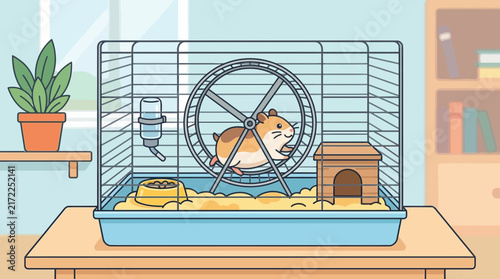 Cute hamster running on exercise wheel in cage vector