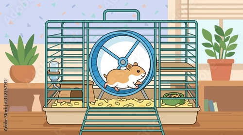 Cute hamster running on exercise wheel in cage vector