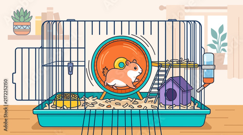 Cute hamster running on exercise wheel in cage vector