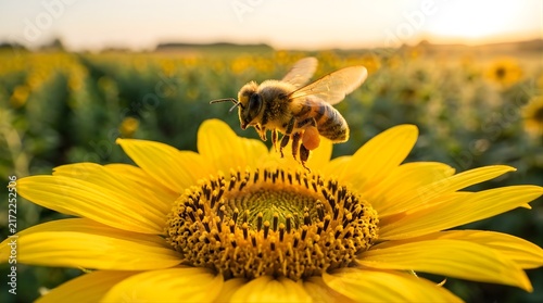Honey bee pollinating a sunflower in a summer field at golden hour