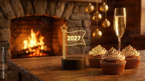 Holiday Celebration Table with Cupcakes, Champagne Glass and Glowing Fireplace